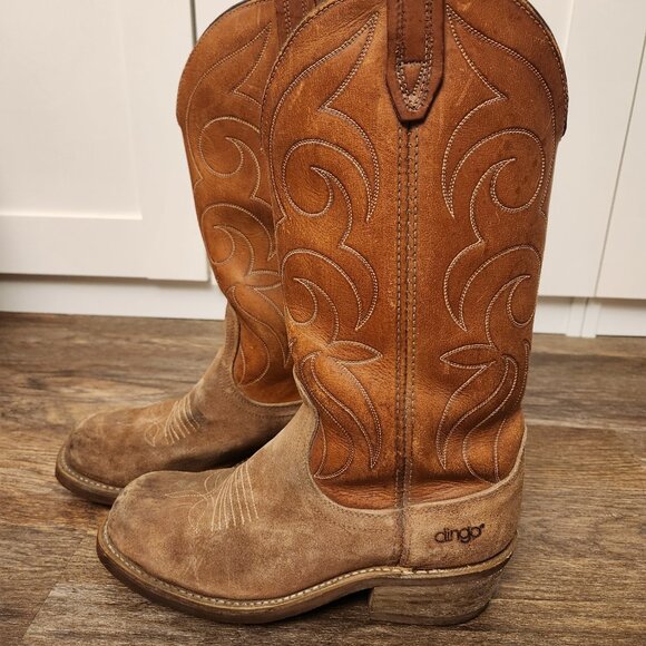Dingo Square Toe Brown and tan Suede and  Leather Cowboy Boots Mens Size 8 - Picture 3 of 7